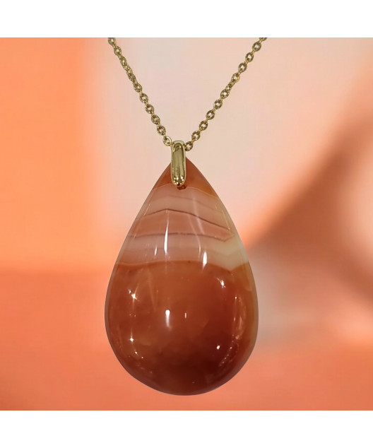 Pendentif Agate de feu Goutte sur Chaîne acier Dorée (s)