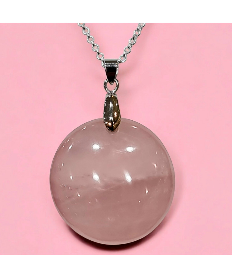 Pendentif Quartz rose rond avec chaine