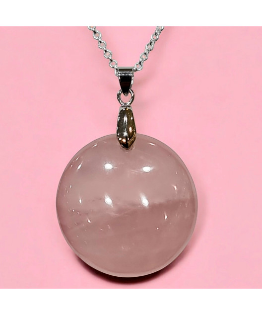 Pendentif Quartz rose rond avec chaine