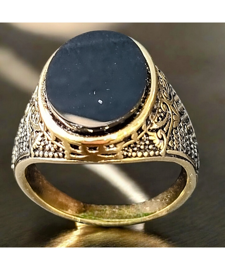 Bague Onyx Acier inox Plaqué or Taille 64 (s)