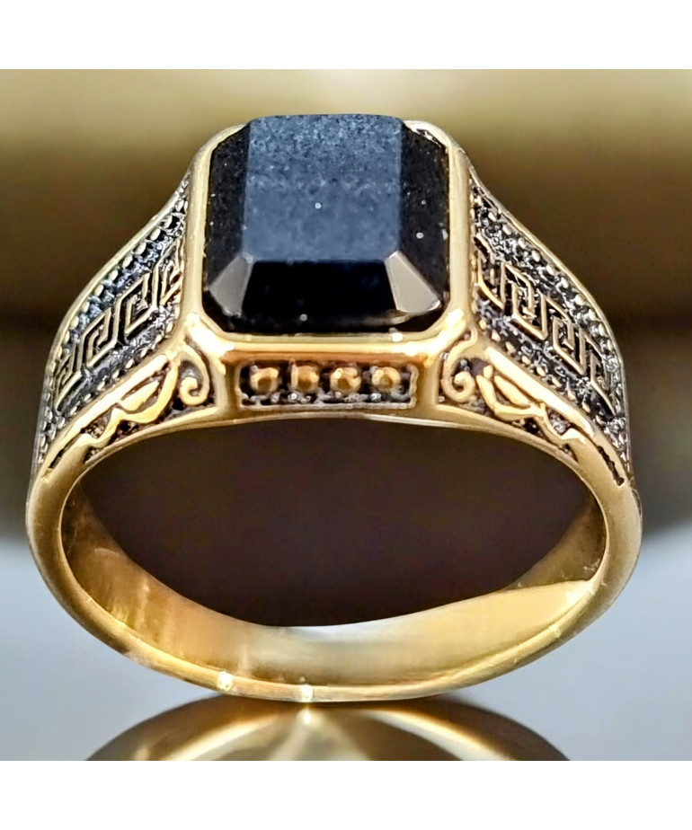 Bague Onyx Acier inox Plaqué or Taille 64 (s)
