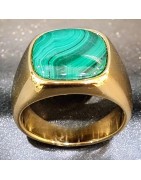 Bague Malachite Acier inox Plaqué or Taille 64 (s)