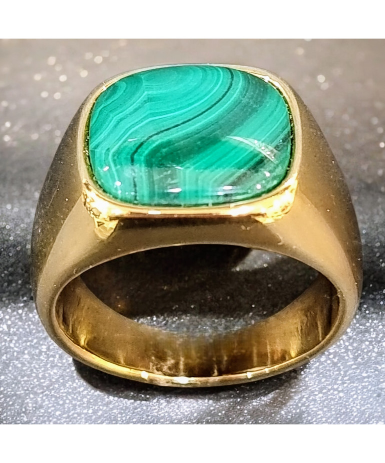Bague Malachite Acier inox Plaqué or Taille 64 (s)