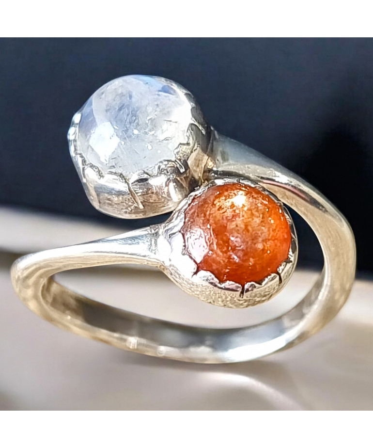 Bague Pierre de lune et Pierre de soleil Argent 925 Taille 56 (s)