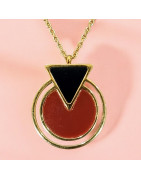 Pendentif Jaspe et Onyx rond sur chaîne Acier Plaqué (s)