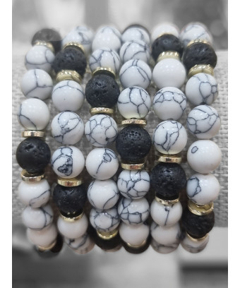 Bracelet Onyx Pierre de lave et inserts dorés Pierres rondes 8mm