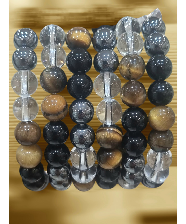 Bracelet Œil de tigre Hématite Cristal de roche Onyx Pierres rondes 8 mm (s)