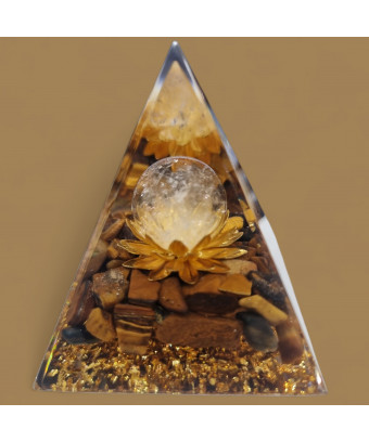 Pyramide Orgonite de protection Œil de tigre et Boule Cristal de roche 6cm (s)