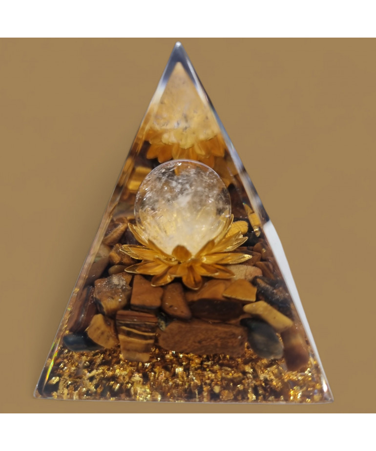 Pyramide Orgonite de protection Œil de tigre et Boule Cristal de roche 6cm (s)