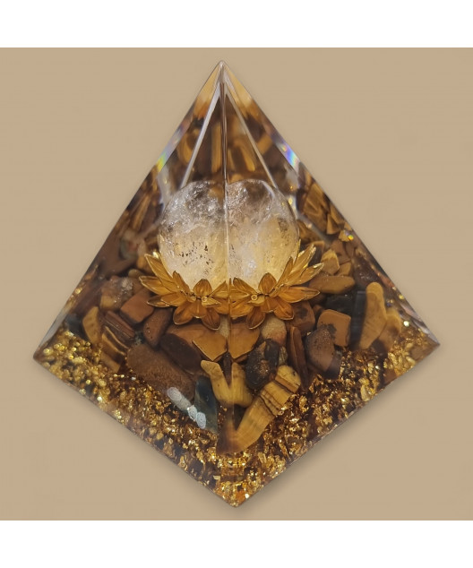 Pyramide Orgonite de protection Œil de tigre et Boule Cristal de roche 6cm (s)