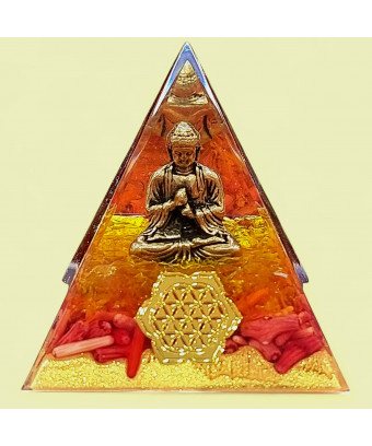 Pyramide Orgonite de protection Corail Bouddha Fleur de vie 6cm (s)