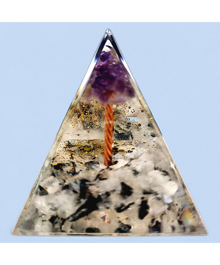 Pyramide Orgonite de protection Pierre de lune et Arbre Améthyste 5cm (s)