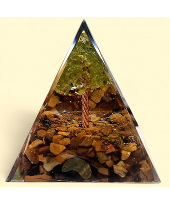Pyramide Orgonite de protection Œil de tigre et Arbre Péridot 5cm (s)