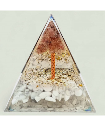 Pyramide Orgonite de protection Howlite  et Arbre Tourmaline rose 5cm (s)