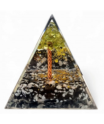Pyramide Orgonite de protection Obsidienne neigeuse et Arbre Péridot 5cm (s)