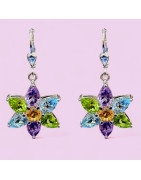 Boucles Améthyste Aigue marine & Péridot Citrine Fleur Argent 925 (s)