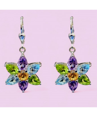 Boucles Améthyste Aigue marine & Péridot Citrine Fleur Argent 925 (s)