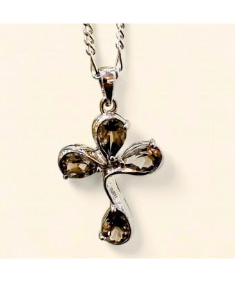 Pendentif Quartz fumé Croix avec chaîne Argent 925