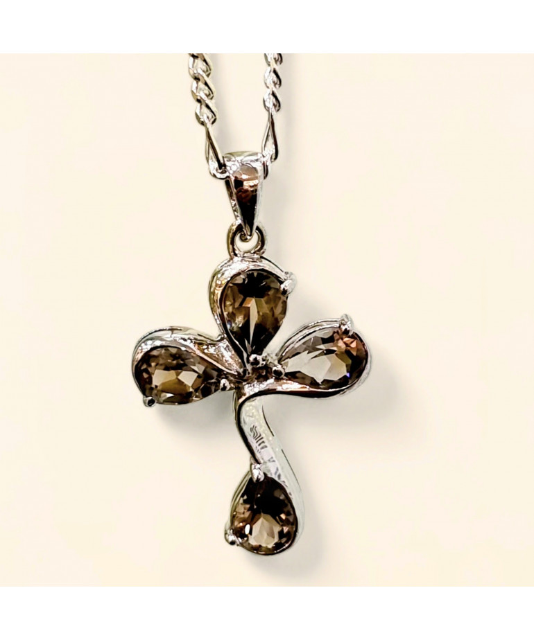 Pendentif Quartz fumé Croix avec chaîne Argent 925