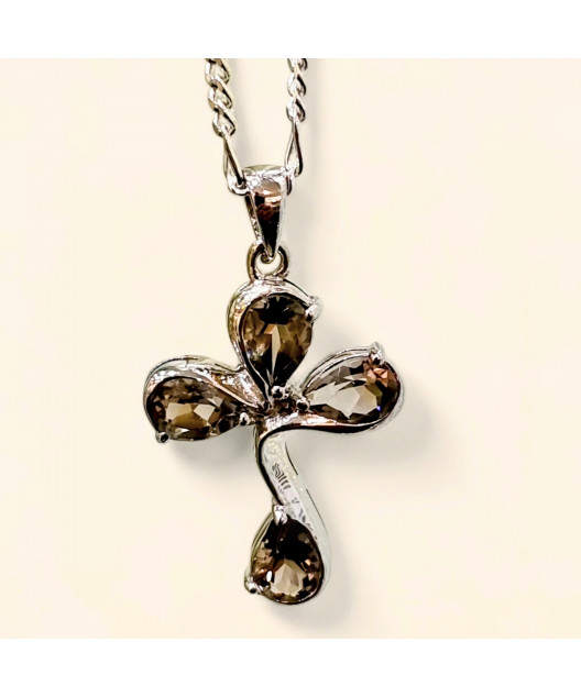 Pendentif Quartz fumé Croix avec chaîne Argent 925 (s)