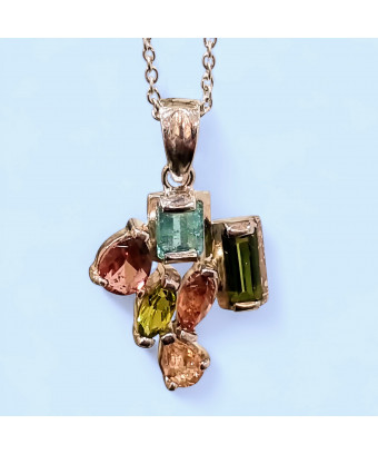 Pendentif Tourmaline verte et rose Topaze bleue et impériale avec chaîne Argent 925 (s)