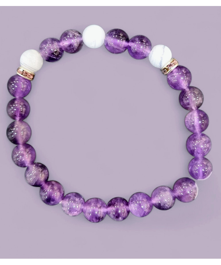 Bracelet Améthyste et Calcédoine Pierres rondes 8mm (s)
