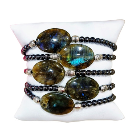 Bracelet Labradorite Cabochon et Hématite Pierres Rondes 4mm