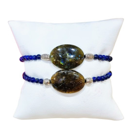 Bracelet Labradorite Cabochon et Lapis-lazuli Pierres Rondes 4mm