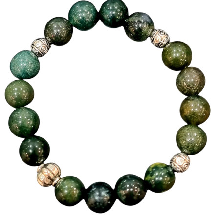 Bracelet Jaspe sanguin avec Inserts argentés Pierres Rondes 10mm