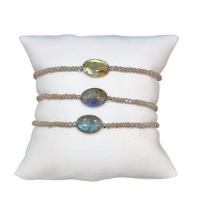 Bracelet Labradorite Cabochon et Perles Swarovski Facettées Grises