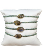 Bracelet Labradorite Cabochon et Perles Swarovski Facettées Vertes