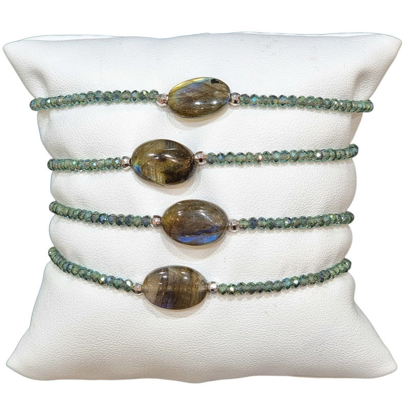 Bracelet Labradorite Cabochon et Perles Swarovski Facettées Vertes