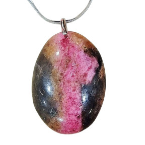 Pendentif Rhodonite Ovale sur Chaîne Acier