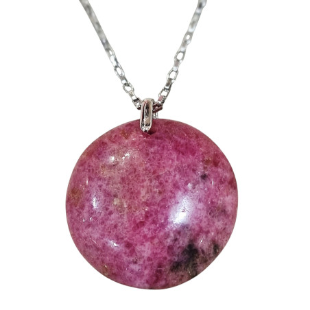 Pendentif Rhodochrosite Rond sur Chaîne Acier