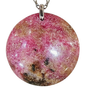 Pendentif Rhodochrosite Rond sur Chaîne Acier