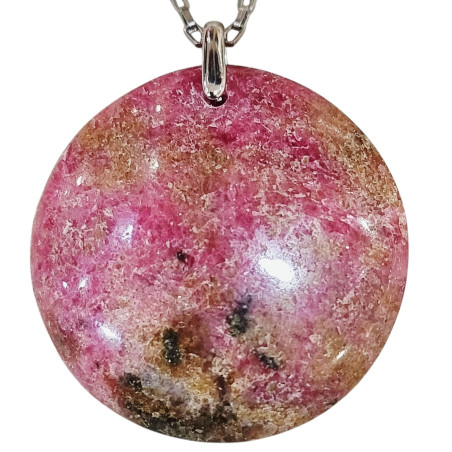 Pendentif Rhodochrosite Rond sur Chaîne Acier