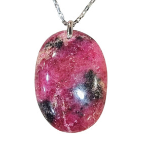 Pendentif Rhodonite Ovale sur Chaîne Acier