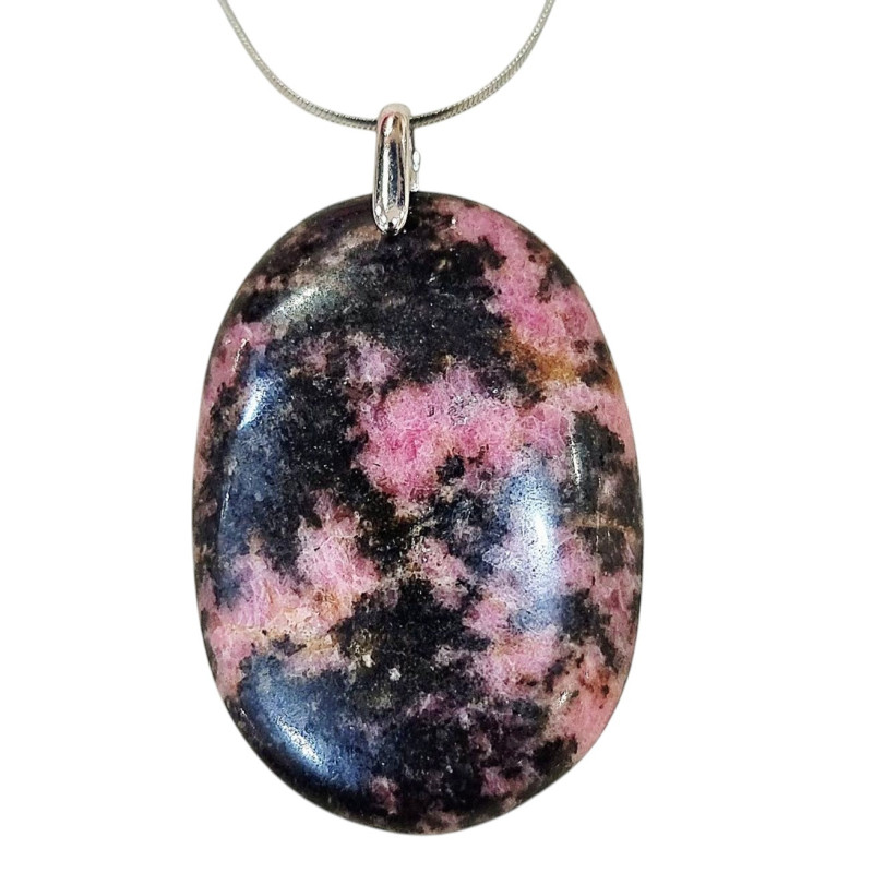 Pendentif Rhodonite Ovale sur Chaîne Acier