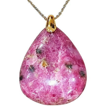 Pendentif Rhodochrosite Goutte avec Chaîne Acier Plaquée or