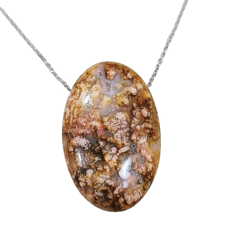 Pendentif Agate Fleur Ovale avec Chaîne Acier