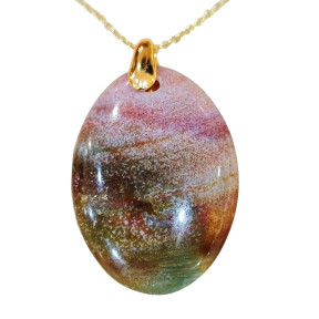Pendentif Jaspe Océan Ovale avec Chaine Acier Plaquée or