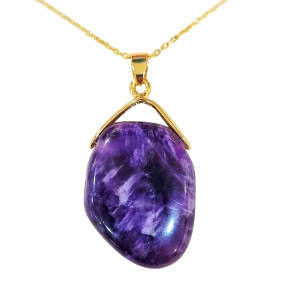 Pendentif Améthyste avec Chaine Acier Plaquée Or