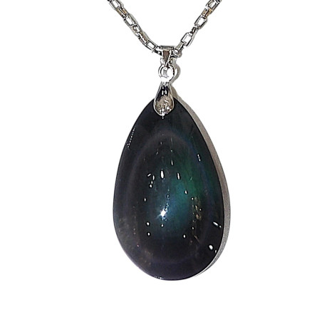 Pendentif Obsidienne Œil Céleste Goutte avec Chaîne Acier
