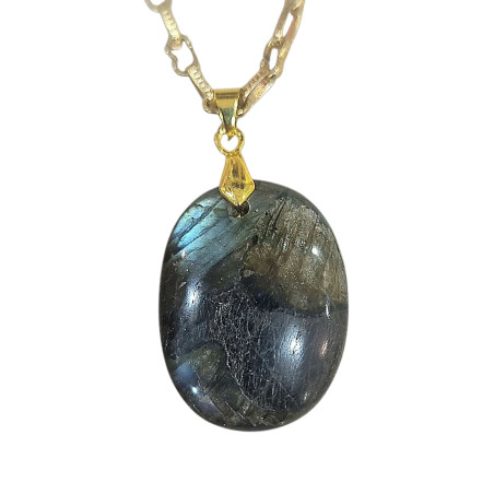 Pendentif Labradorite Ovale avec Chaîne Acier Plaquée Or