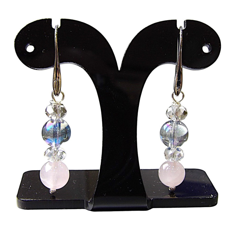 Boucles Aqua Aura Quartz Rose et Swarovski Acier Inox