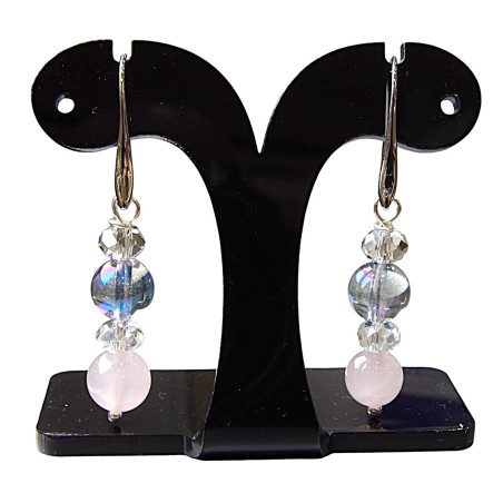 Boucles Aqua Aura Quartz Rose et Swarovski Acier Inox