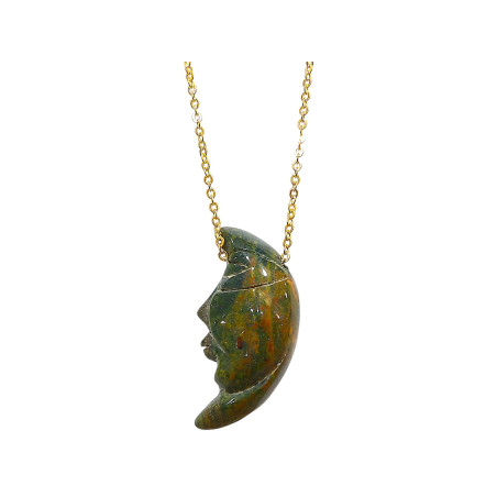 Pendentif Jaspe Sanguin Lune avec Chaîne Plaquée or