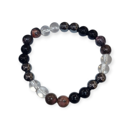 Bracelet Rhodonite Hématite Cristal de Roche et Obsidienne Pierres Rondes 8mm