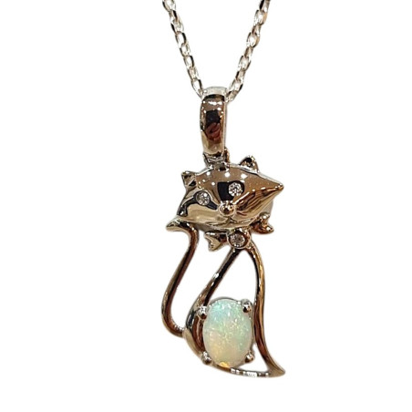 Pendentif Opale Blanche Chat avec Chaîne Argent 925