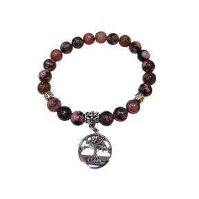 Bracelet Rhodonite avec Inserts et Arbre de Vie Acier Inox Pierres Rondes 8mm